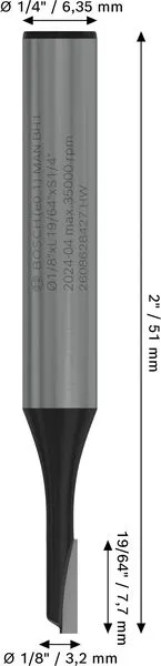 PRO ravno glodalo, jedan žleb, Ø 1/8″ x L 19/64″, prihvat 1/4″ 2608628427