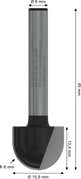 PRO glodalo za poluokrugle kanale, R 8, prihvat 6 mm 2608628452