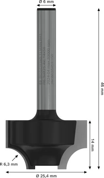 PRO ovolo glodalo, R 6,3, prihvat 6 mm 2608628459