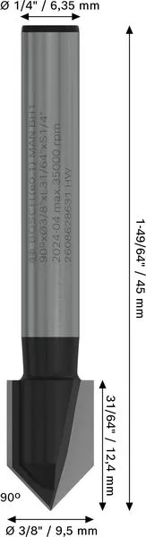 PRO glodalo za V-kanale, 90°×Ø 3/8″, prihvat 1/4″ 2608628631