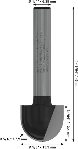 PRO glodalo za poluokrugle kanale, R 5/16″, prihvat 1/4″ 2608628633
