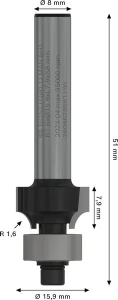 PRO glodalo za zaobljavanje, R 1,6, prihvat 8 mm 2608629681