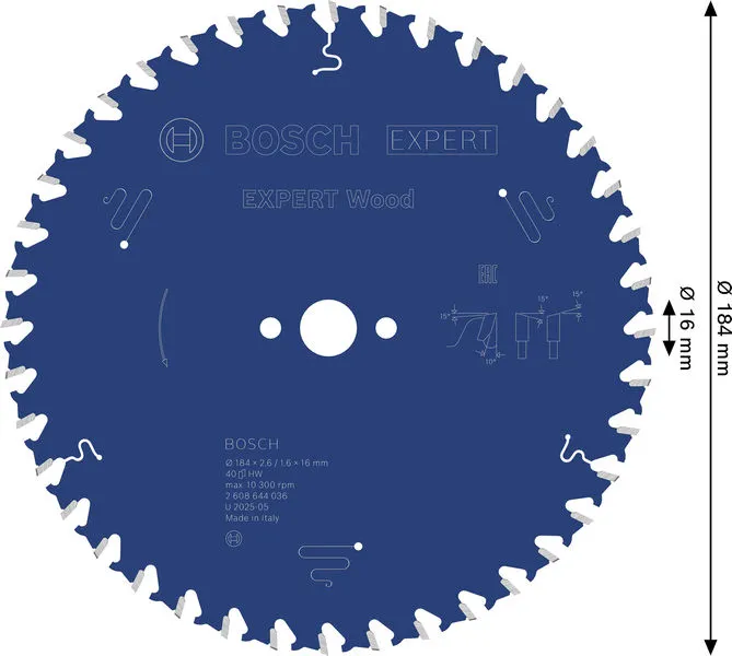 EXPERT Wood list kružne testere, 184×2,6/1,6×16 mm, T40 2608644036