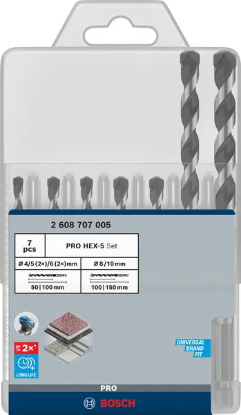 PRO HEX-5 set burgija, 4×100, 5×100, 5×100, 6×100, 6×100, 8×150, 10x150 mm, 7 kom. 2608707005