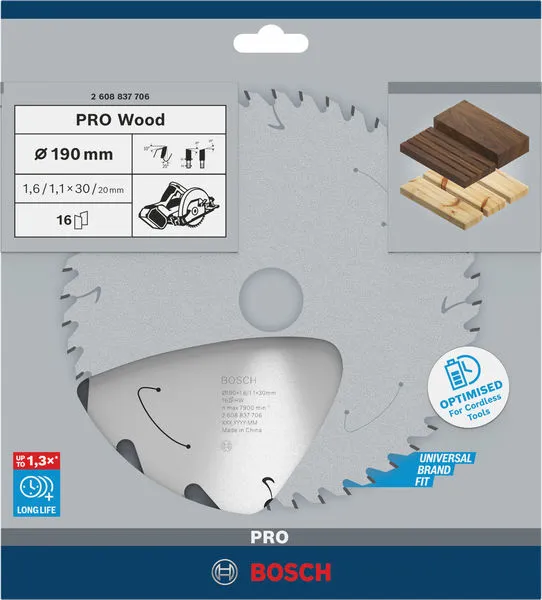 PRO Wood list akumulatorske kružne testere 190×1,6×30 mm, T16 2608837706