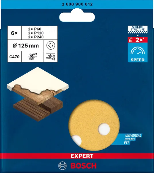 Komplet EXPERT C470 brusnog papira za rotacione brusilice od 125 mm, 8 rupa, G 60/120/240, 6 delova 2608900812