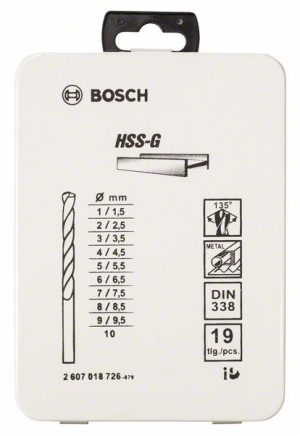 Bosch 19-delni komplet burgija za metal HSS-G, DIN 338, 135° u metalnoj kaseti, 1–10 mm 2607018726